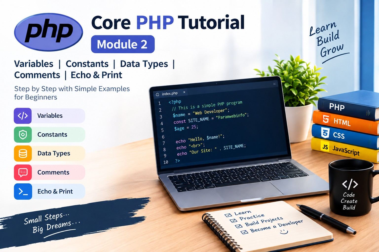 What is Variables, Constants, Data Types, Comments, Echo and Print